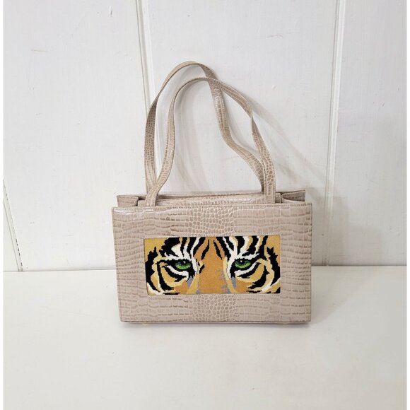 Tiger Needlepoint Faux Croc Beige Handbag Lee Needle Arts - Picture 9 of 9